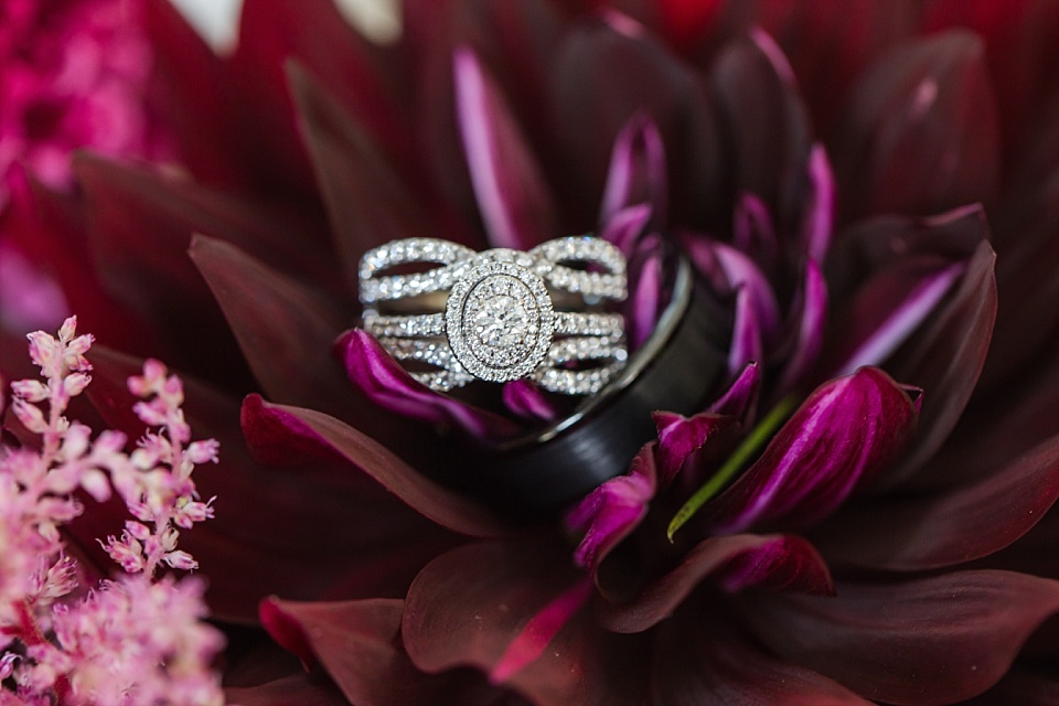 gorgeous bridal ring shot with purple flowers