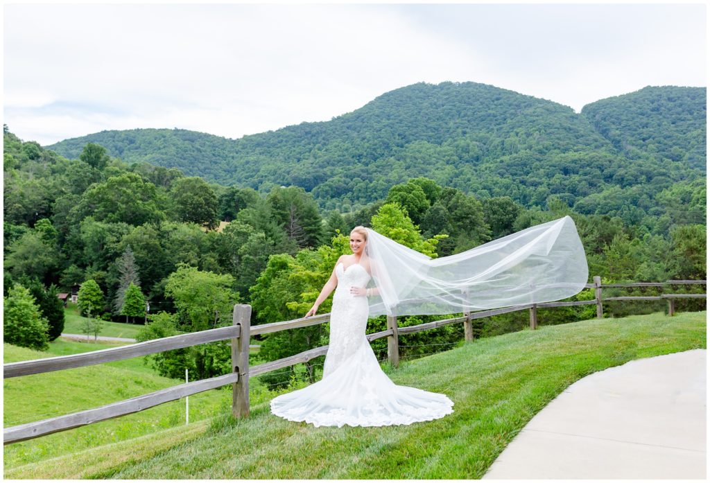 Mountain views and flowing veil photo during a bridal portrait session at chestnut ridge in Canton, NC