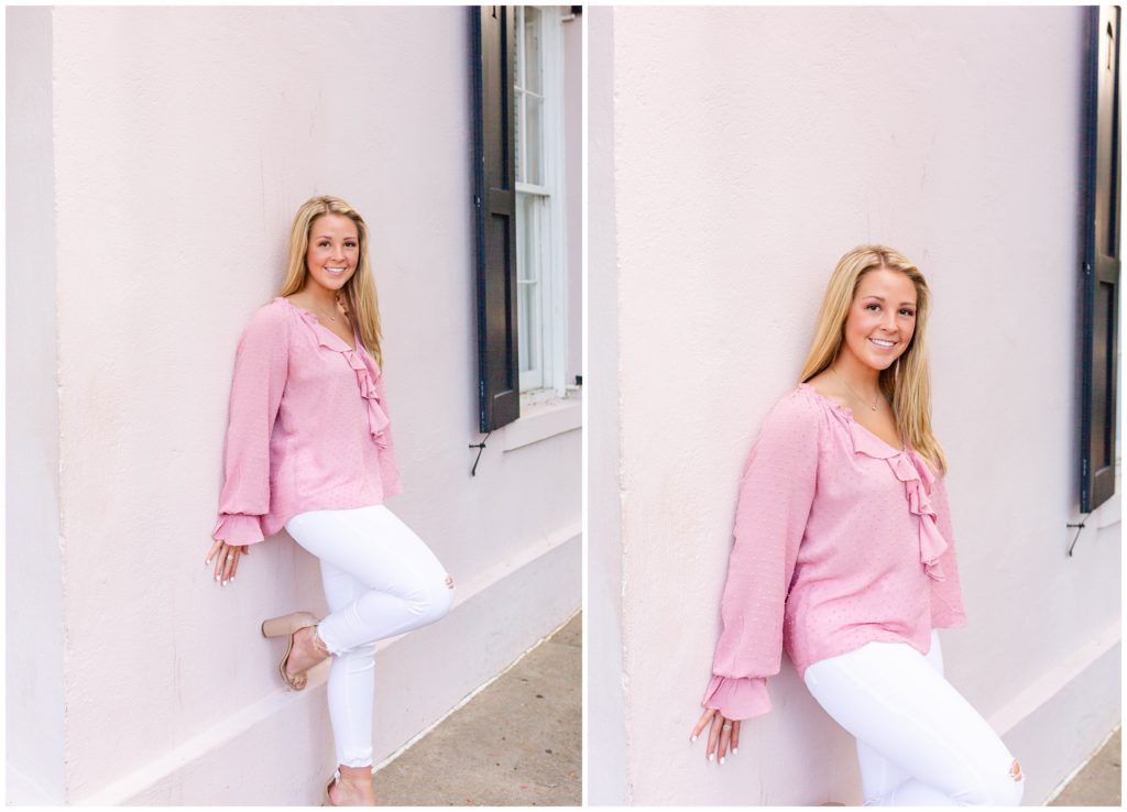 Southern and colorful Rainbow Row Senior Portrait session in Charleston SC with a Pink home