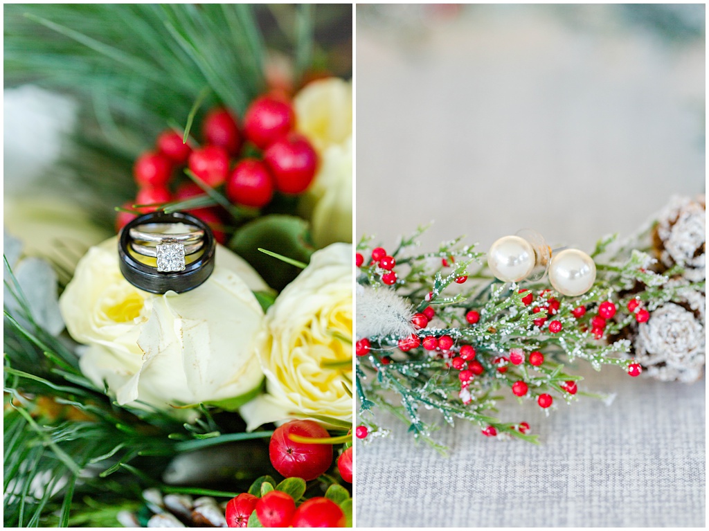 Christmas inspired florals and detail photo of jewelry