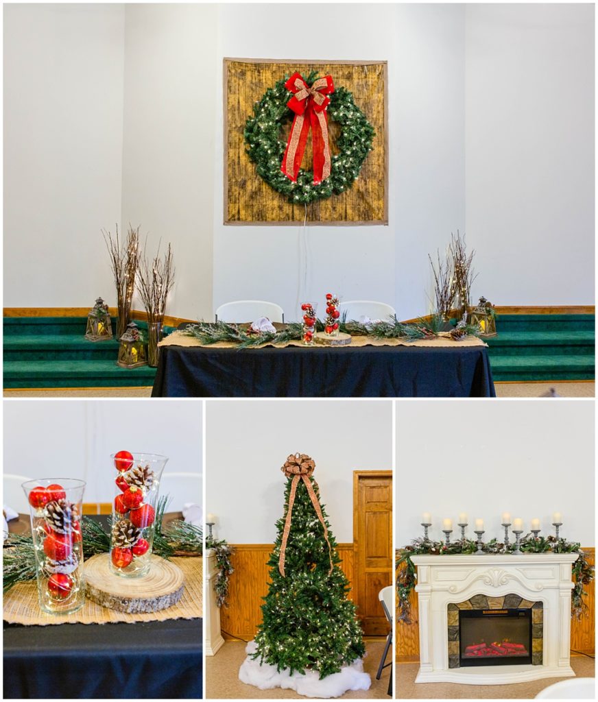 Cozy christmas inspired wedding decor at Victory Baptist Church