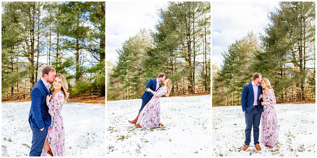 photos of couple kissing with mountain views and snow in winter