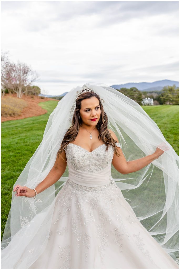 Bridal portrait outside the inn at biltmore estate with mountain views