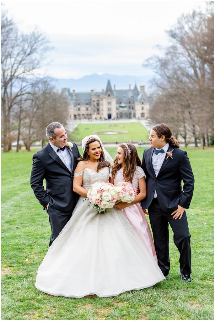 Family wedding portraits on the hill at the Diana Statue at the Biltmore Estate