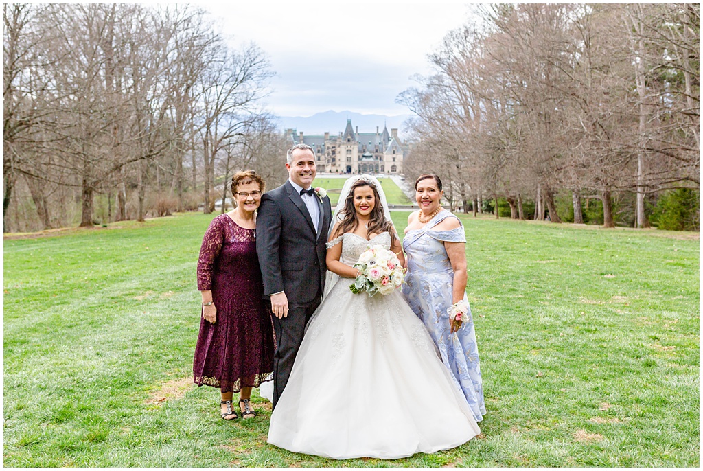 Family wedding portraits on the hill at the Diana Statue at the Biltmore Estate