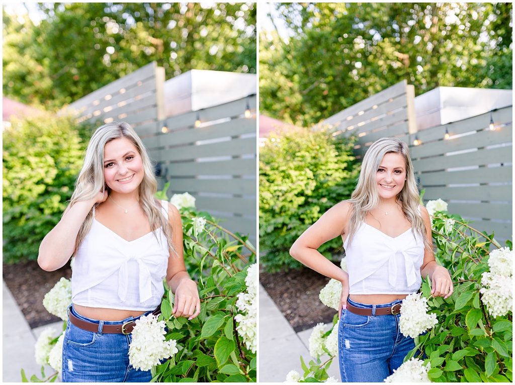 Senior portraits with beautiful white hydrangeas at the biltmore in asheville