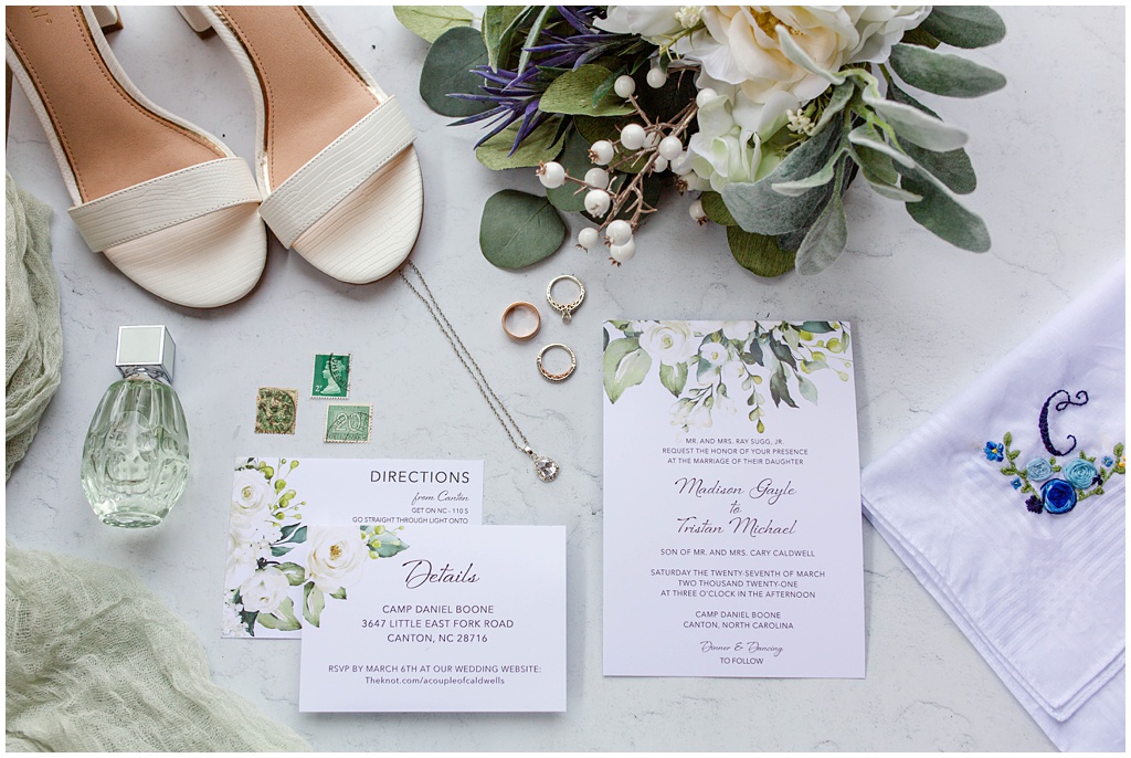 Spring sage green bridal details and invitation suite