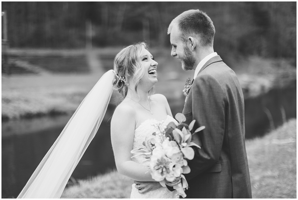Black and white Bride and groom portraits at Camp Daniel Boone.