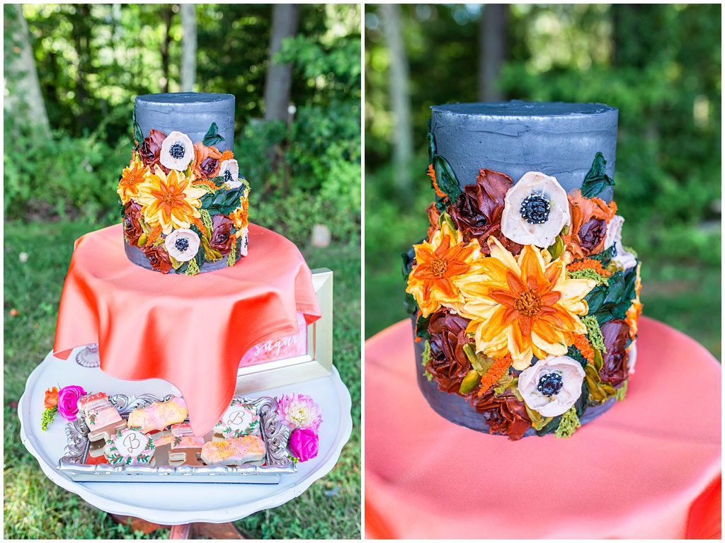 floral and whimsical wedding cake with vibrant colors