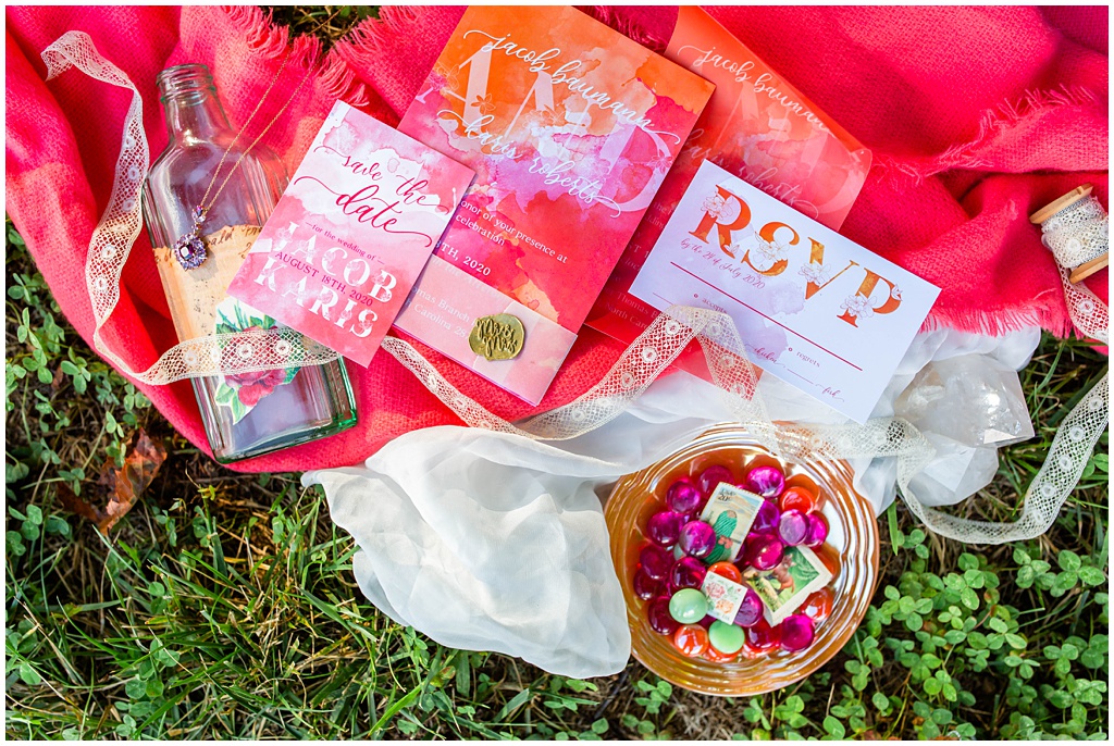 vibrant and colorful wedding invitation suite at The Ridge