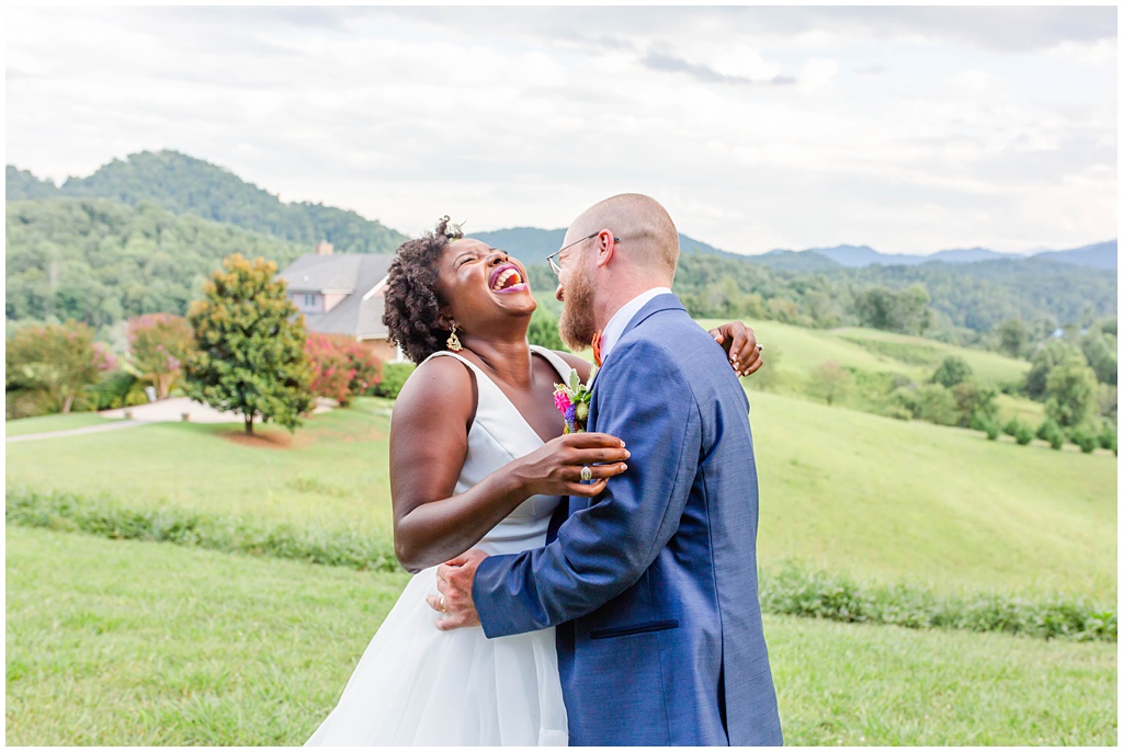 Bride and groom laughing portraits in Asheville NC at The Ridge | Asheville Wedding Photographer
