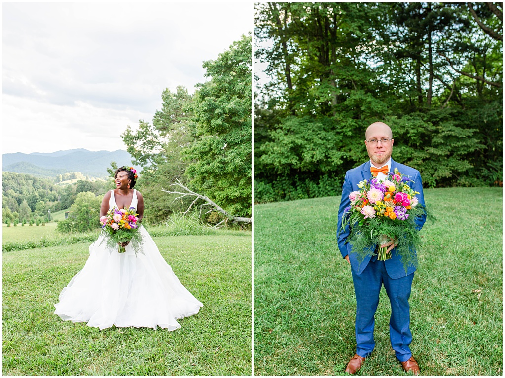 Individual bride and groom portrait with colorful spring bouquet at The Ridge | Asheville Wedding Photographer