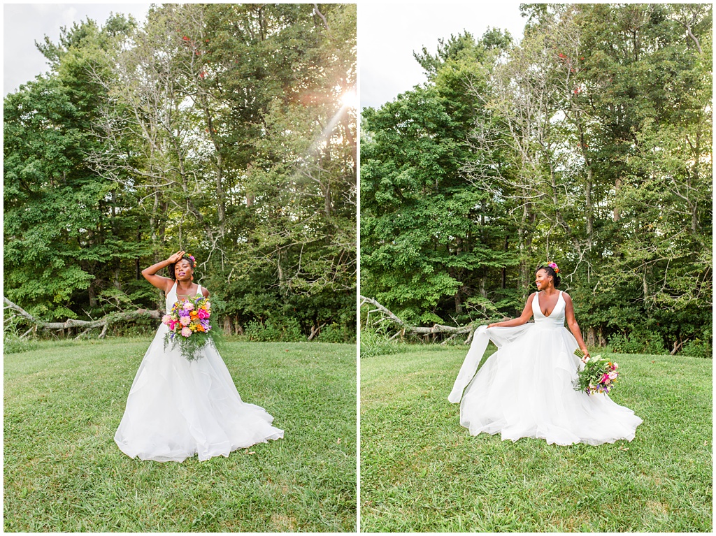 bridal portrait with colorful spring bouquet at The Ridge | Asheville Wedding Photographer