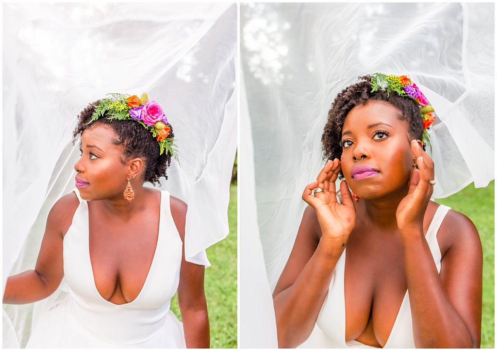 bridal portraits under the veil with a flower headpiece