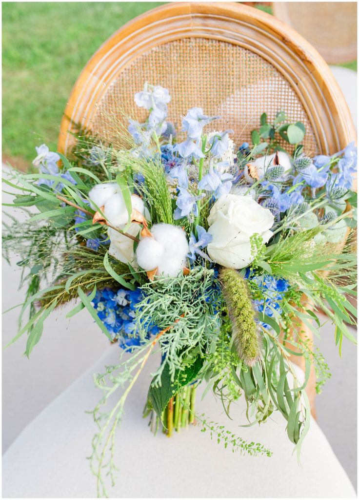 Blue bridal bouquet for summer wedding at The Ridge | Asheville Wedding Photographer