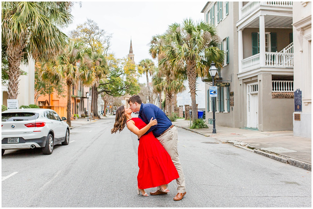 Engagement photos in downtown Charleston at Philip's Church.