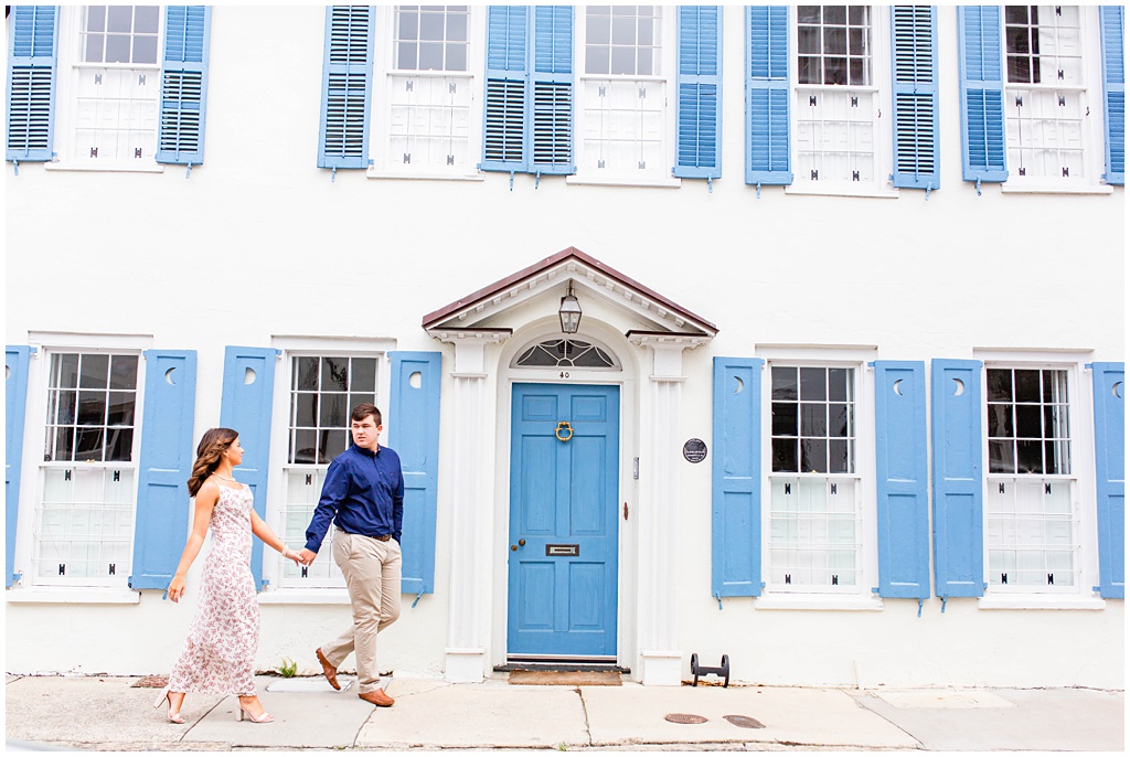 Engagement photos in downtown Charleston on Tradd Street.