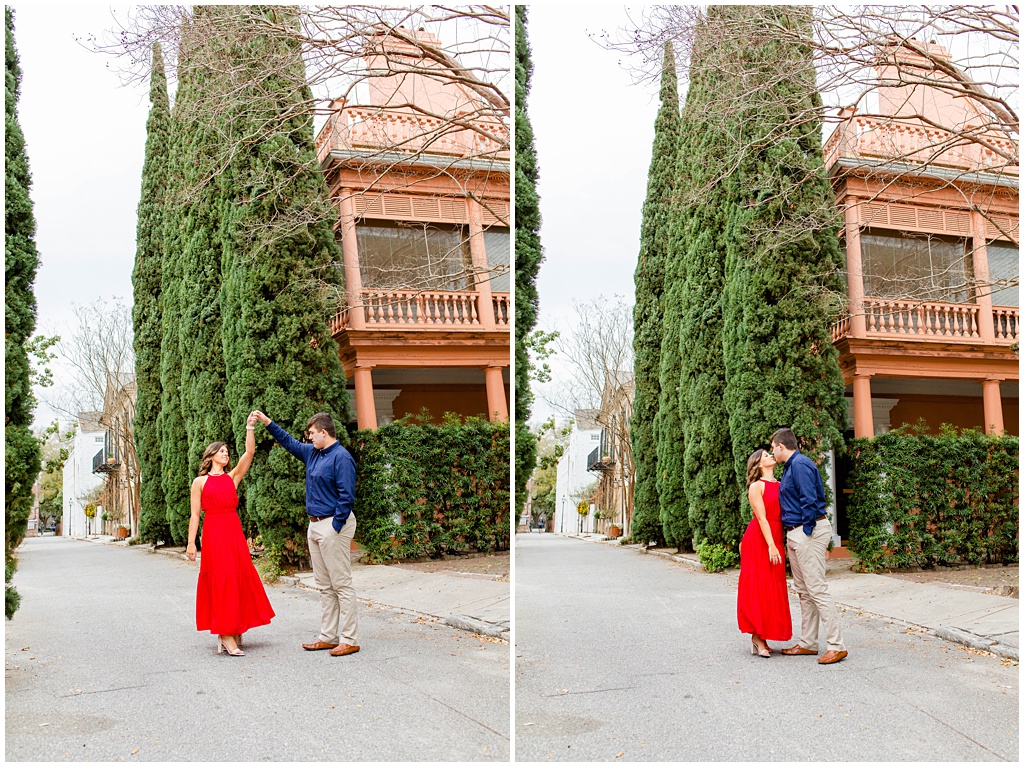 Engagement photos in downtown Charleston with large green trees.