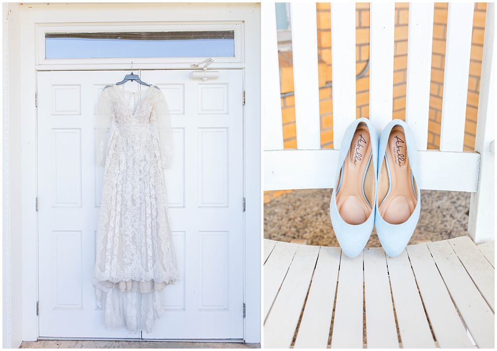 Lace A-line wedding gown with blue suede heels for the bride.