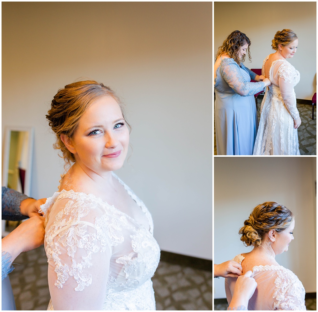 The bride gets ready in her wedding gown before the ceremony.