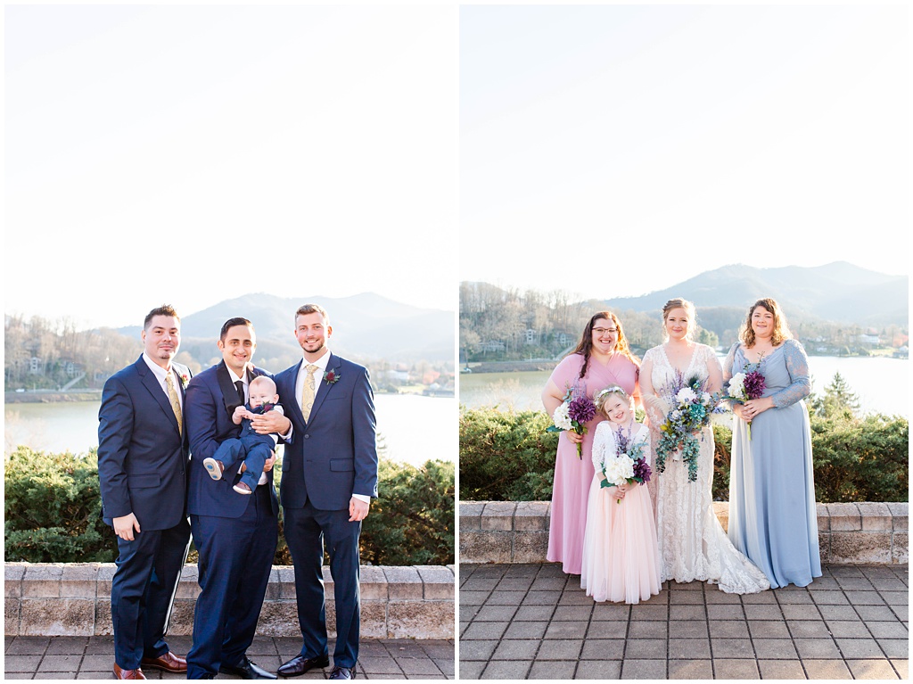The groom standing with his groomsmen, and the bride with her bridesmaids, after their Lake Junaluska wedding ceremony.