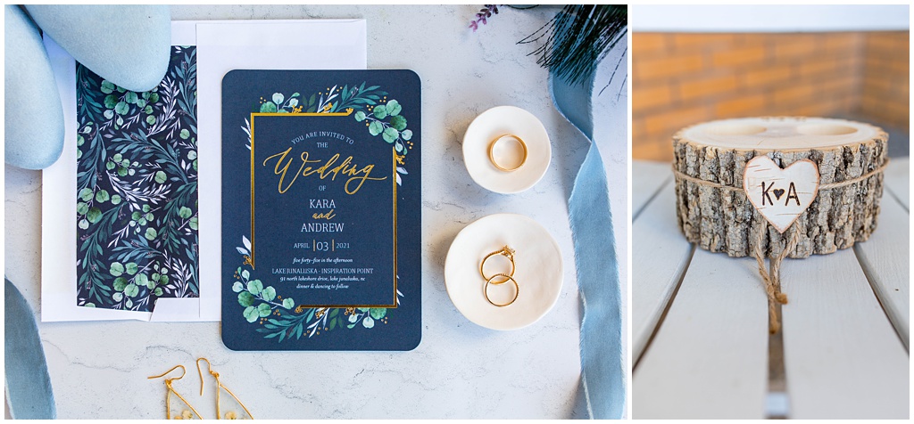 Shutterfly invitation suite with gold wedding bands.