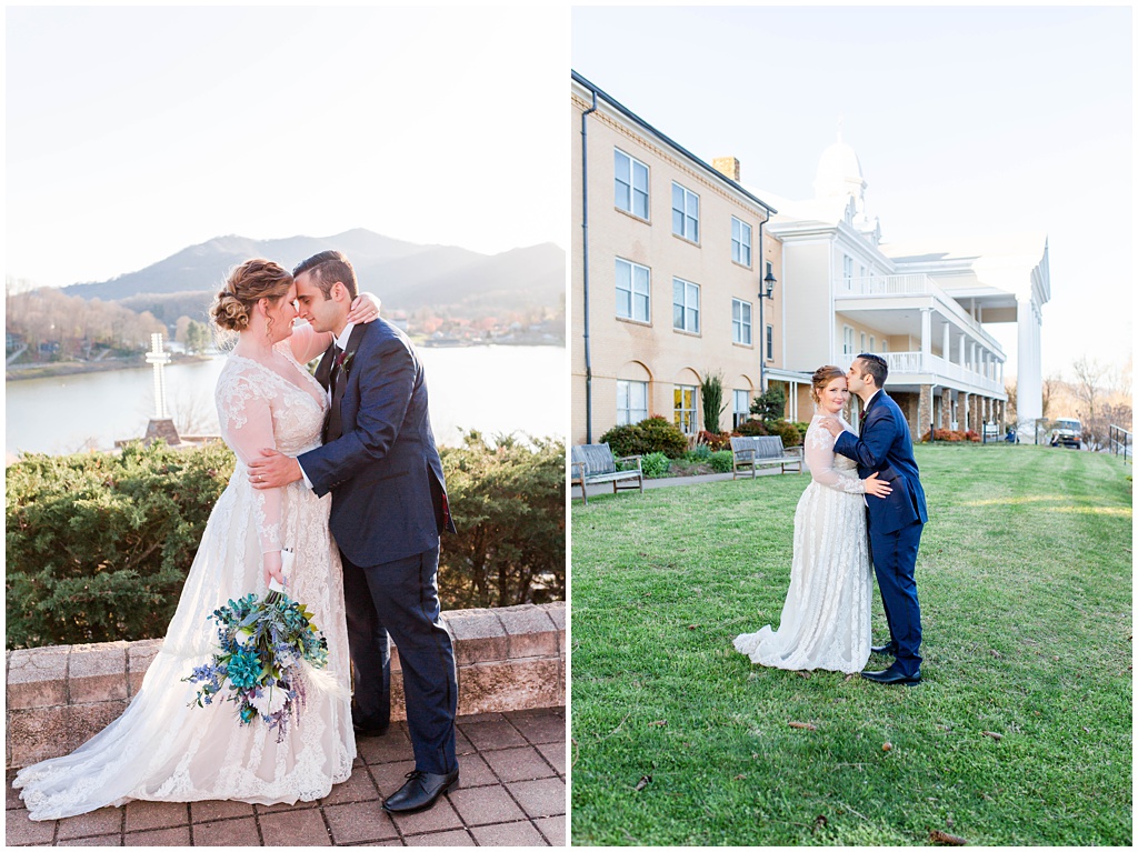 Bride and groom portraits at Lake Junaluska with the sunset and mountain views.