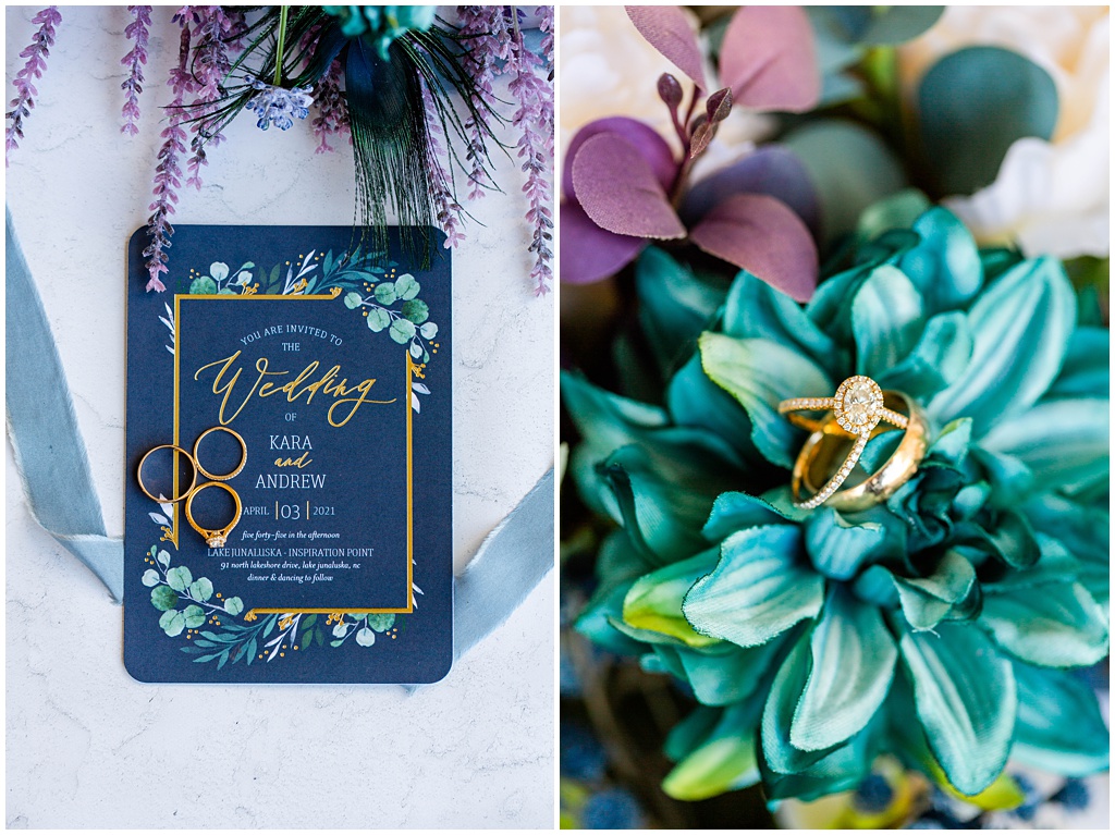 Navy and purple wedding invitation colors with gold accents.