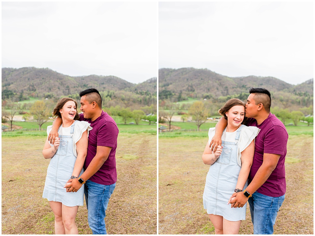 Couple taking portraits with mountain views at Taylor Ranch.