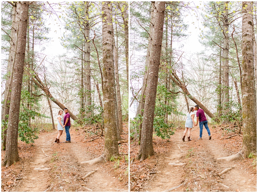 Couple walking through the woods paired with a photo of them kissing at Taylor Ranch.