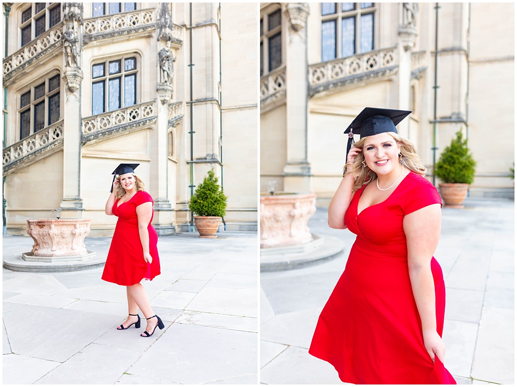Madison showing off her red dress, with the outside staircase facade in the background.