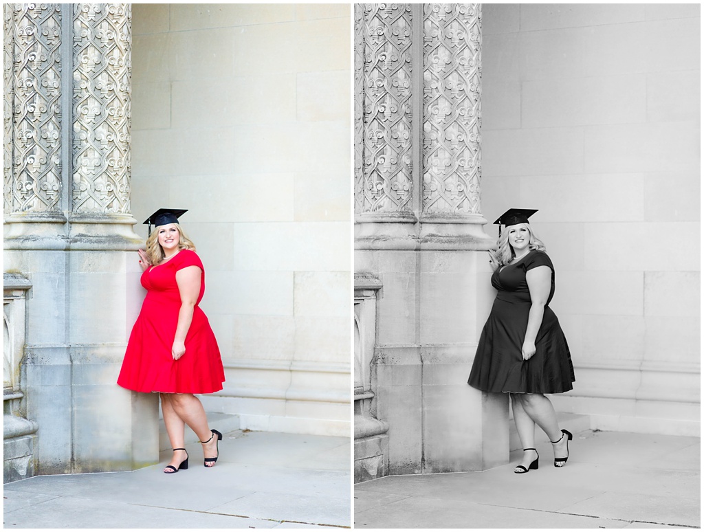 A color grad portrait paired with a black and white of Madison leaning on a column.
