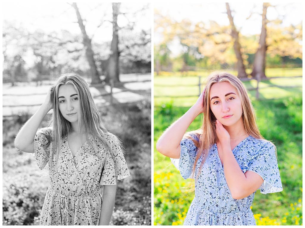 Black and white senior portrait paired with a color senior portrait in a blue floral wrap dress.