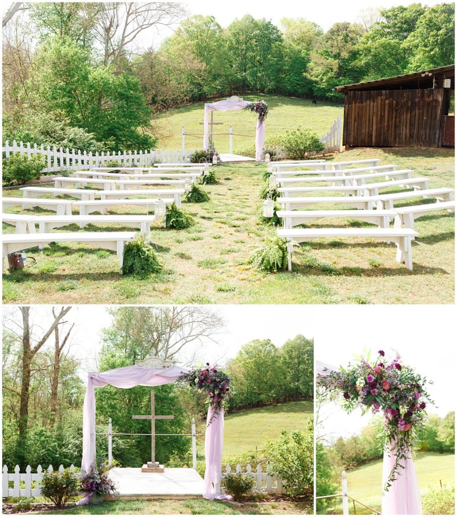 Outdoor image of their spring wedding ceremony decorations at New Beginnings Historic Farm.