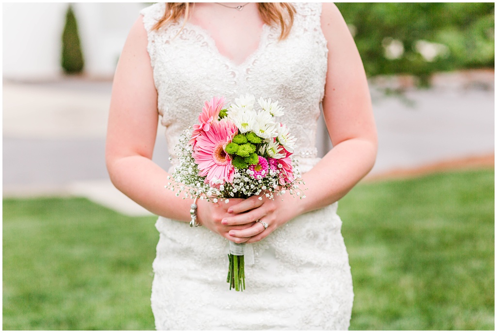 Spring pink and green bridal bouquet for bridal portraits at Chestnut Ridge.