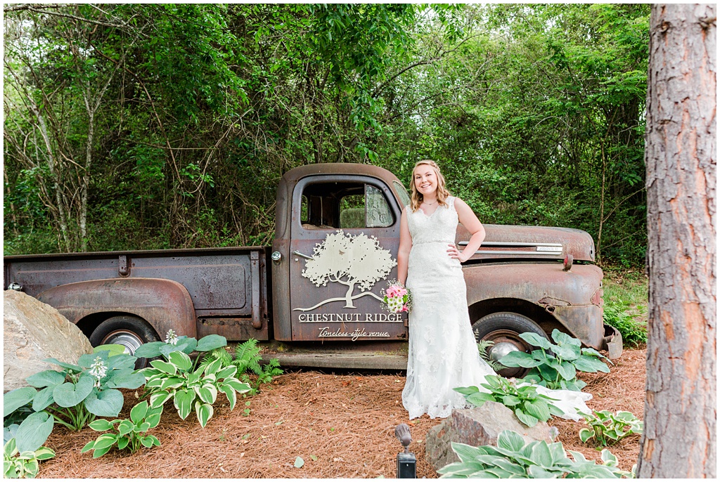Bridal portrait next to a vintage ford truck at Chestnut Ridge in Canton, NC.