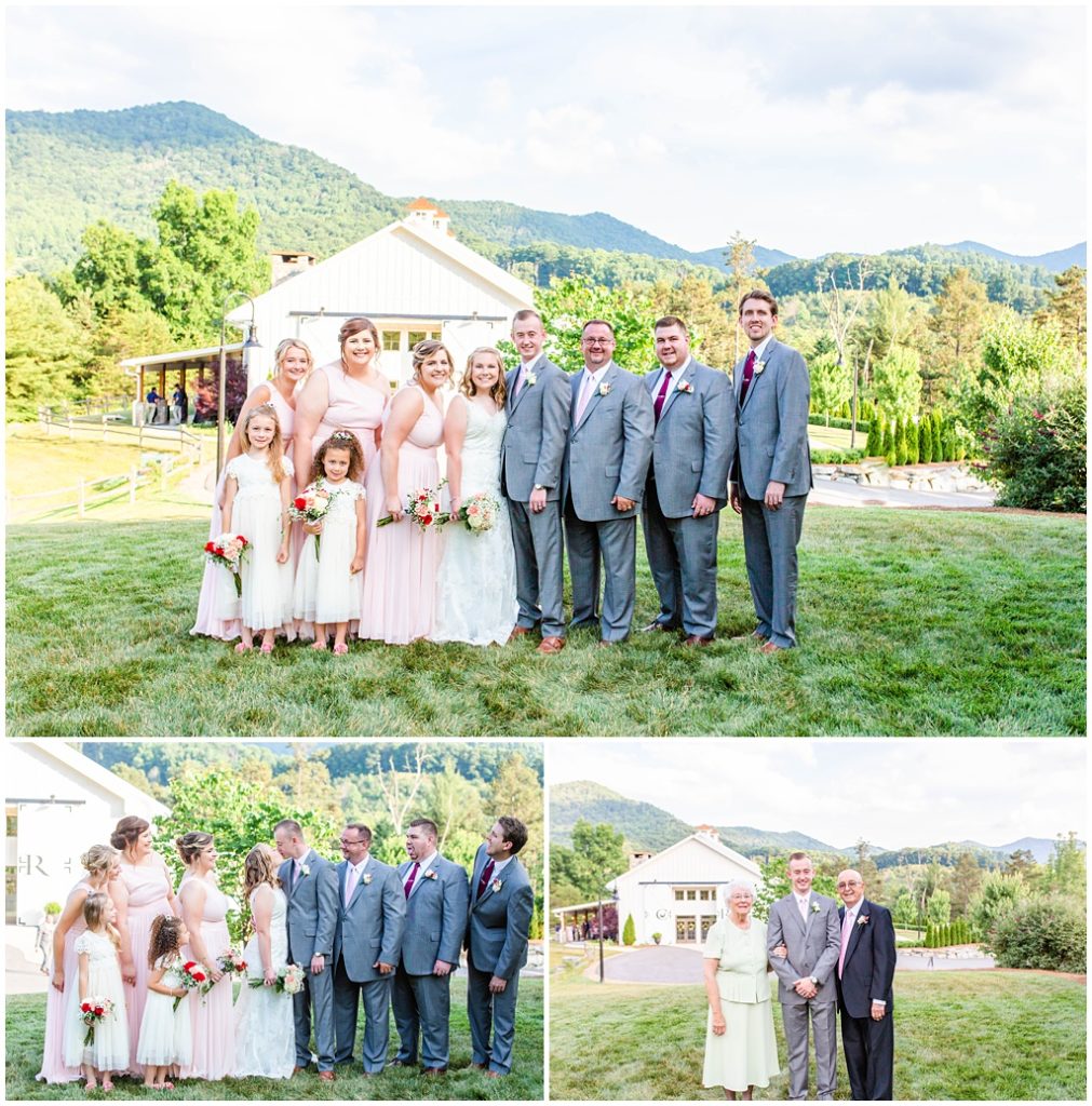 A full wedding party photo with pink and grey colors on top of a hill at Chestnut Ridge with Mountains in the background.
