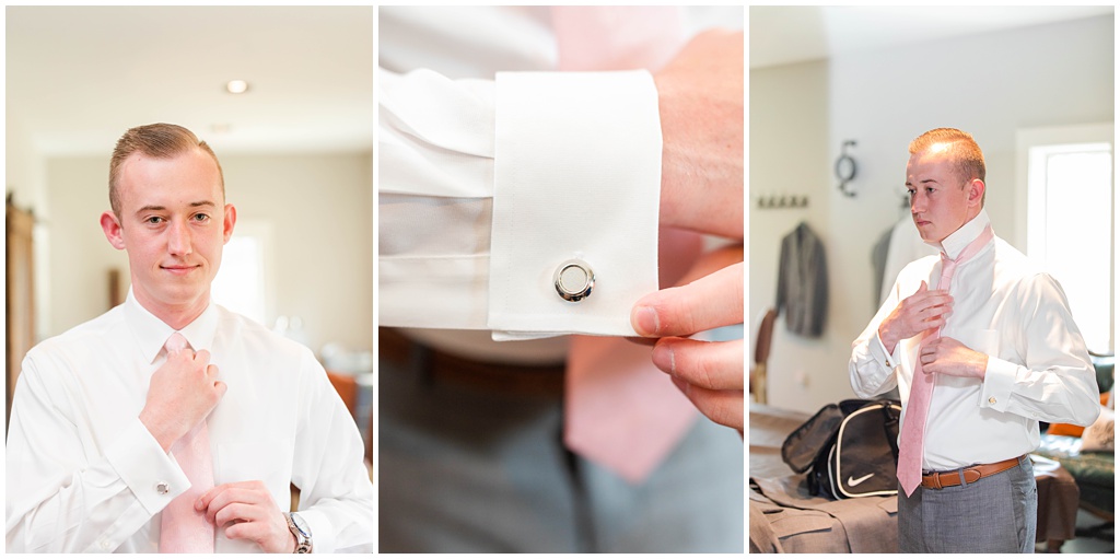 The groom shoes off his cufflinks and ties his tie.