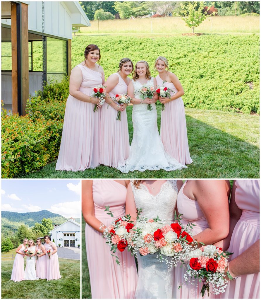 The bride and her bridesmaids together with their pink off the shoulder dresses and pink and red bouquets.