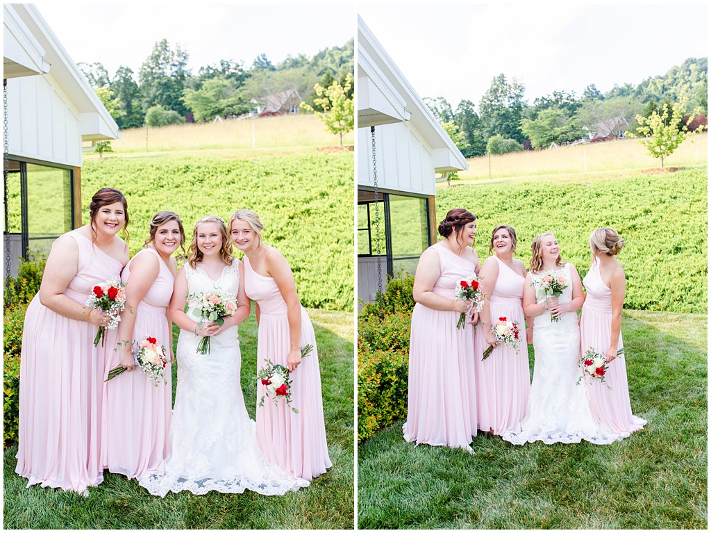 The bride laughs with her bridesmaids at her summer wedding at Chestnut Ridge in NC.