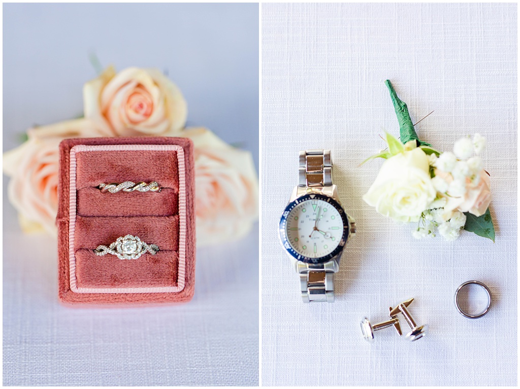 The bride had a coral ring box to match their decorations. The groom wore a silver watch, cufflinks, and wedding band.