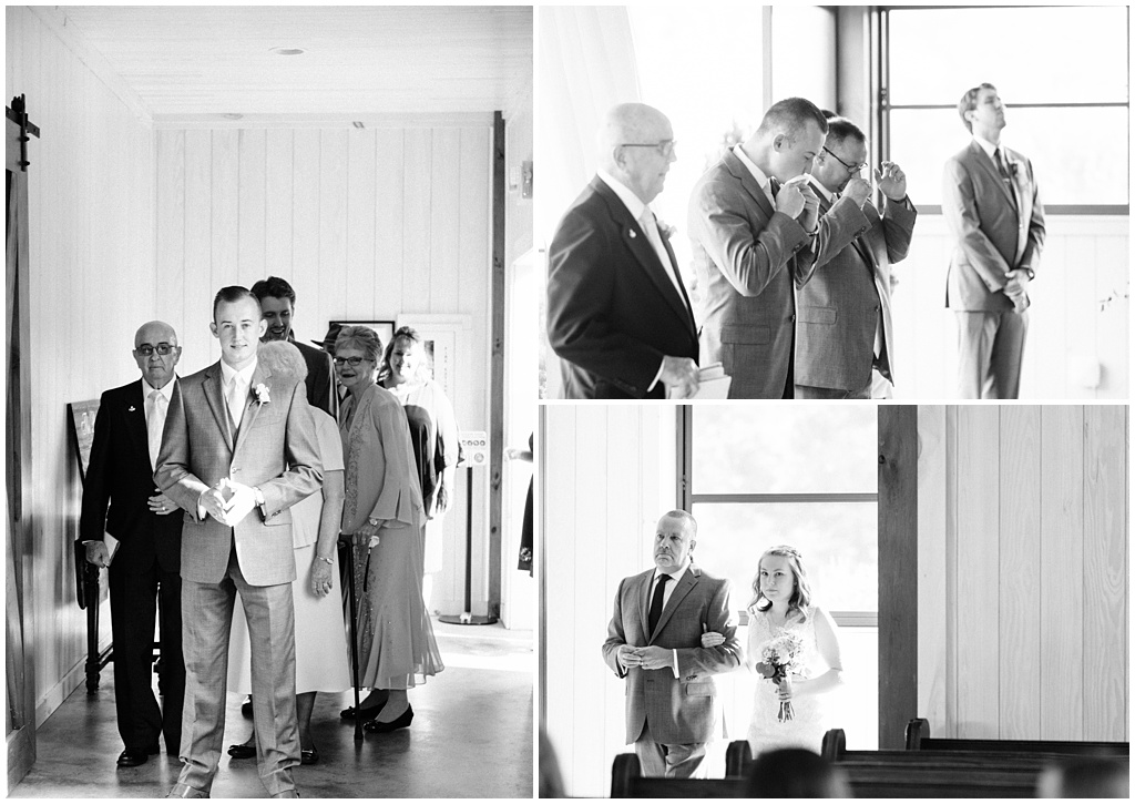 Black and white images of the bride entering the room for the first time and her groom crying when he sees her.
