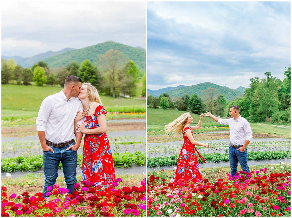 Mary and Matthew in a field of flowers during their spring engagement session at Never Ending Flower Farm.