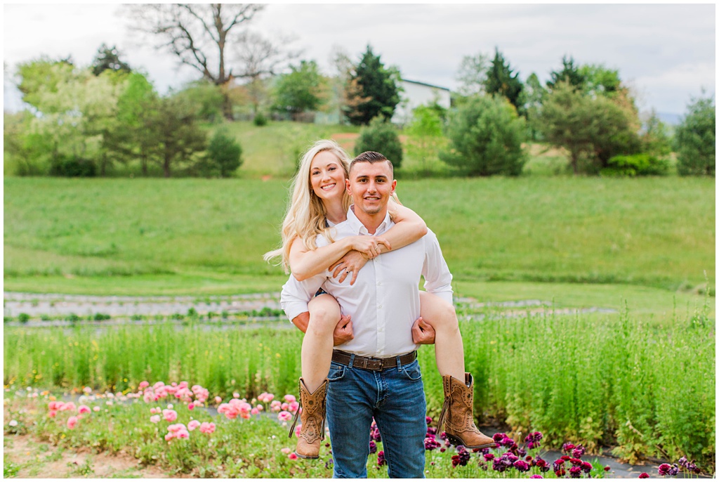 Spring engagement photos with piggy back rides and denim overalls.