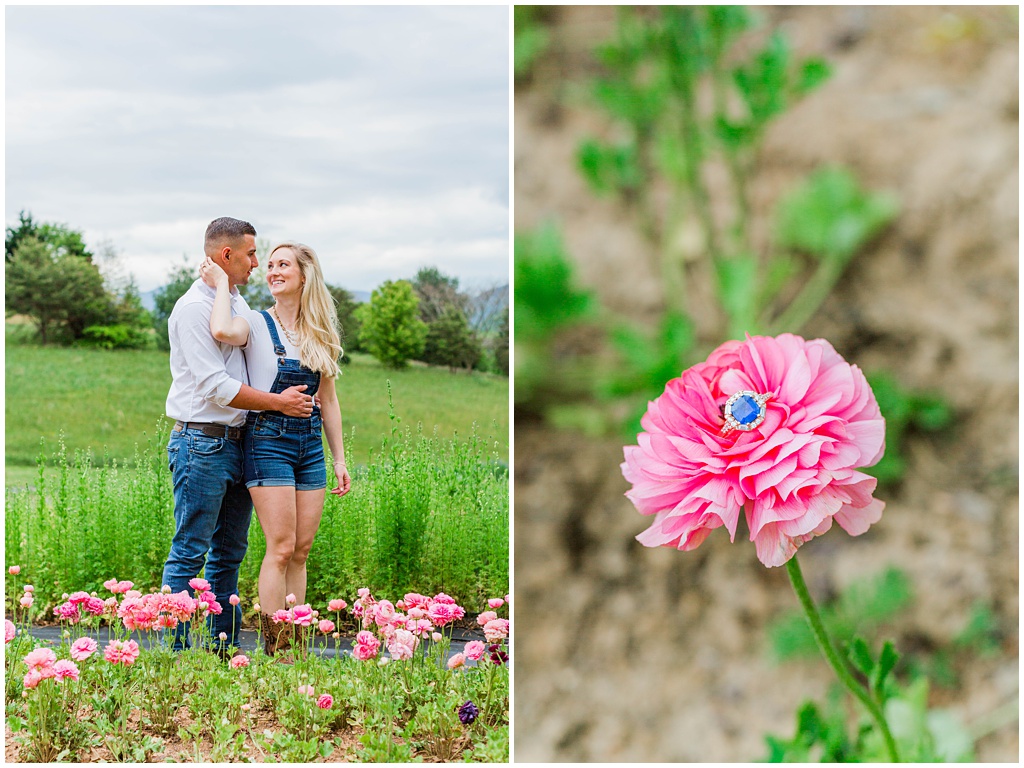 Denim engagement session with pink flowers and a blue sapphire engagement ring.