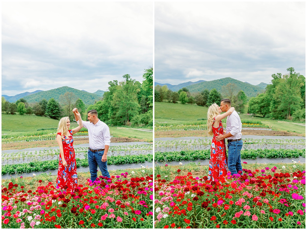 Matthew twirls Mary during their spring engagement session in her red floral dress.