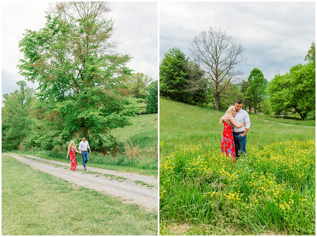 Mary and Matthew walk hand in hand through a field of wildflowers during their Asheville Engagement Session.