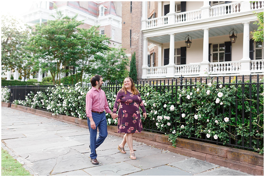 Walking through the streets of downtown Charleston together with flowers blooming. 