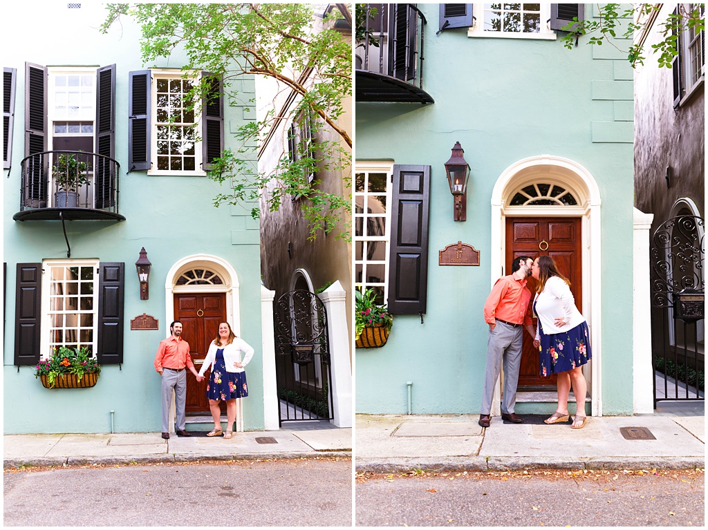 Engagement photos in front of a teal house in historic Charleston.