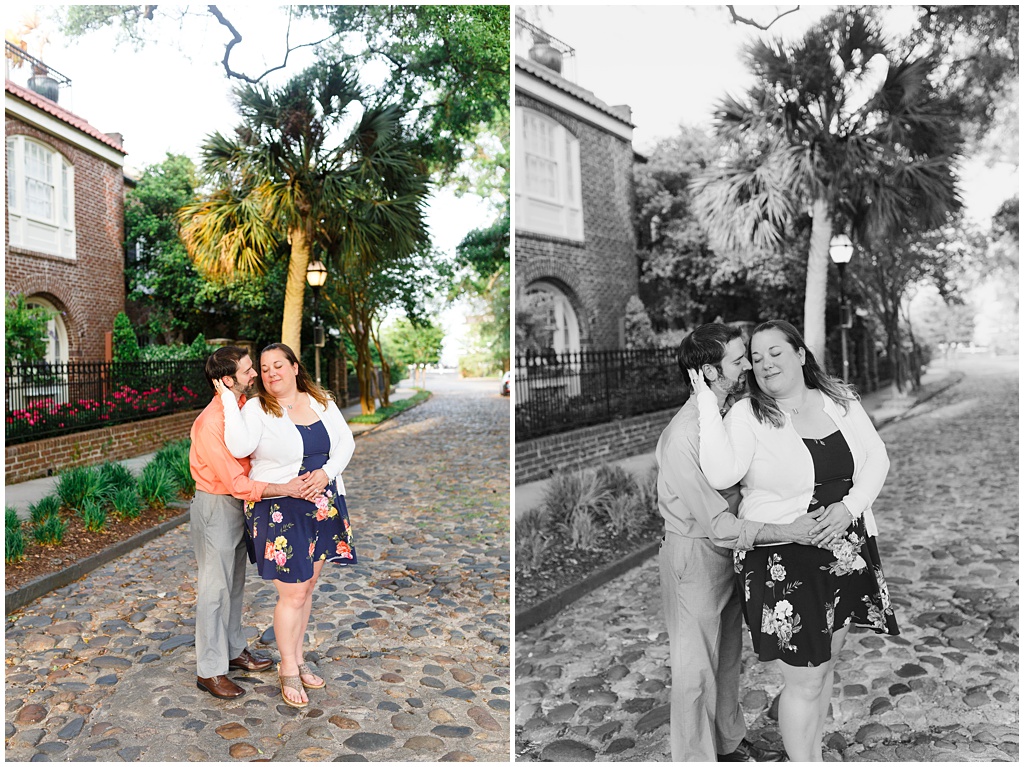 The couple together on a historic cobblestone walkway in downtown Charleston.